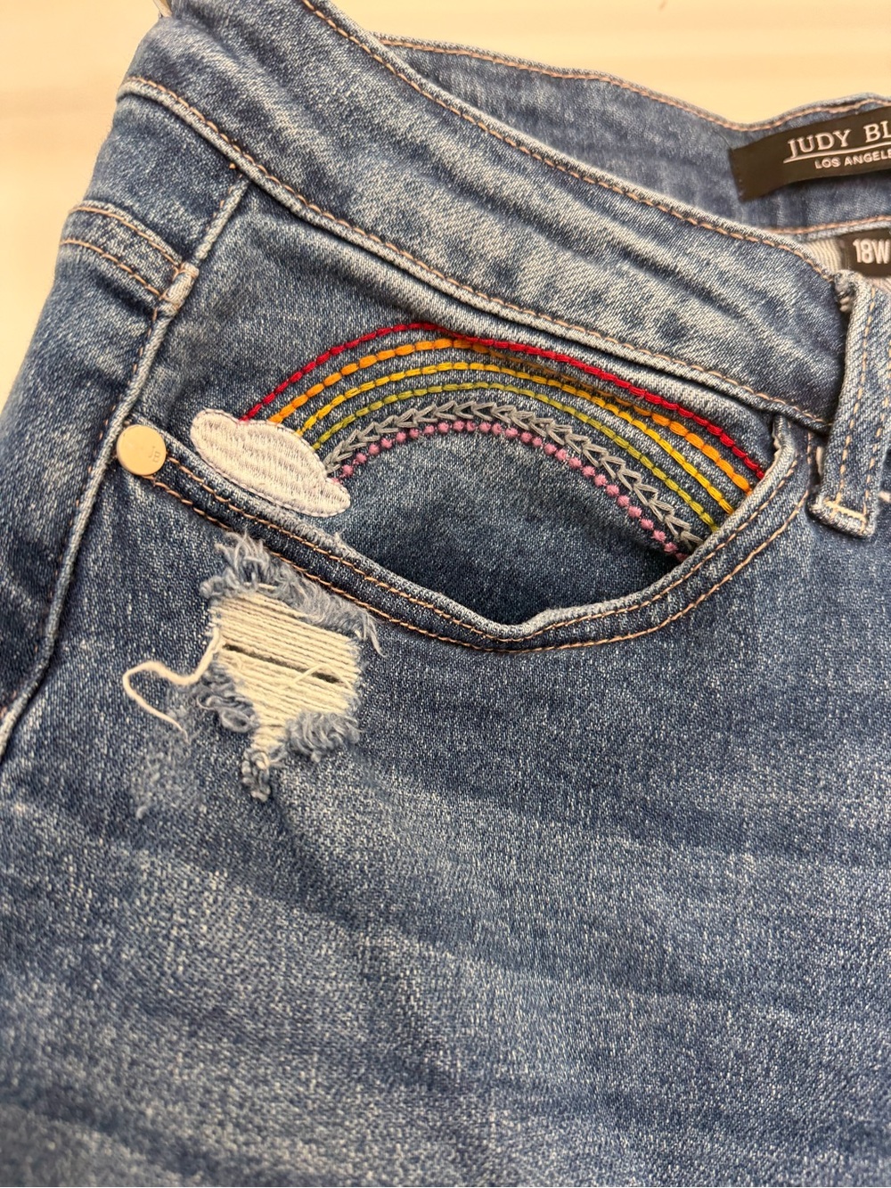 Judy Blue Blue Denim Jeans with Rainbow Embroidery Straight Leg 18W Womens